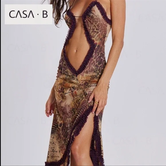 NEW to CASA B💫|Seraphina Sheer Cut-Out Frill Leopard Script Print Maxi dress - Picture 9 of 16